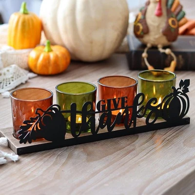 Centros de mesa de acción de gracias vela votiva de vidrio transparente, madera natural  Foto 1 de 4