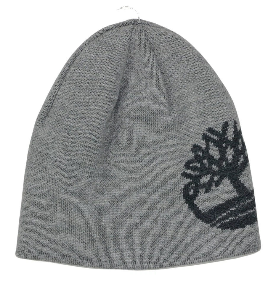 Timberland Men's Hat Charcoal Gray One Size Reversible Logo Beanie #354