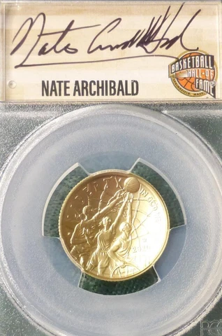 2020 W PCGS MS 70 GOLD Basketball Hall of Fame $5, Nate Archibald Autographed Cover