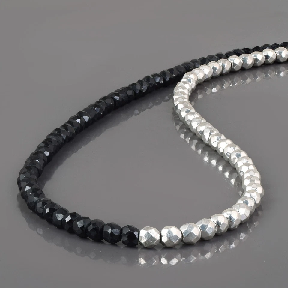 Collana In Argento 925 Con Perle Di Pirite Naturale E Spinello Nero Da 4Mm 18" - Immagine 1 di 4