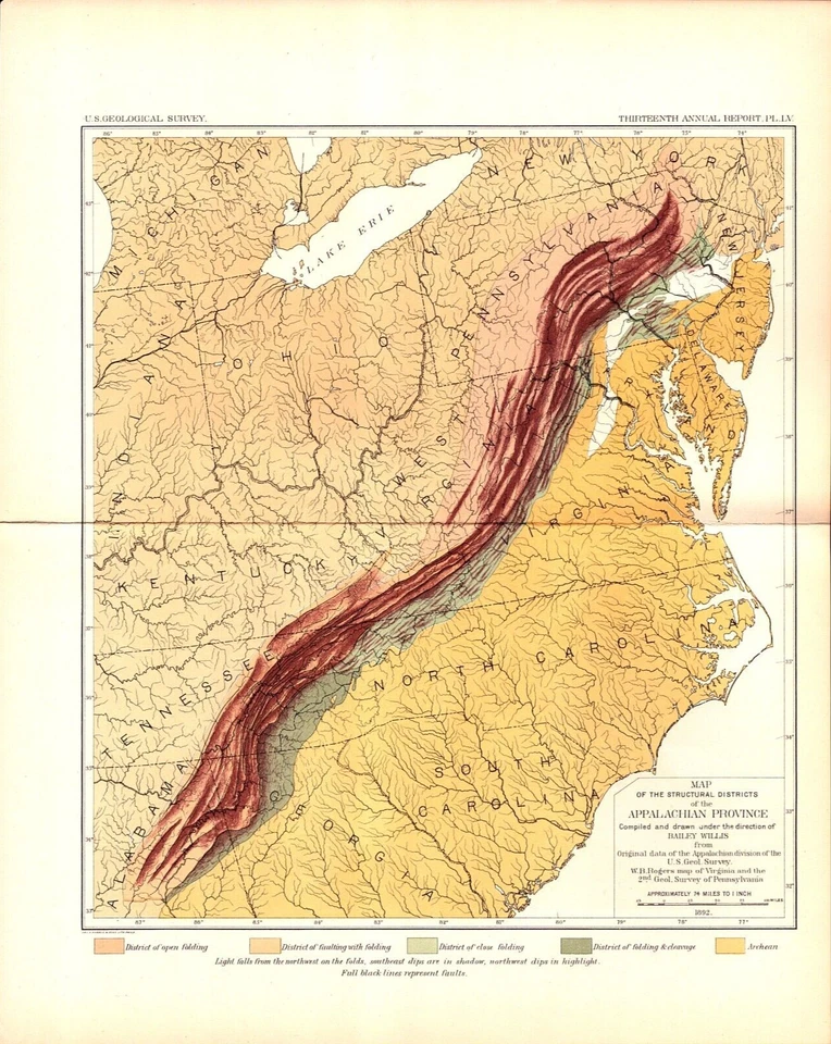1893 USGS Map Plate LV Appalachian Province Structural Geology Baily Willis - Image 1 of 1