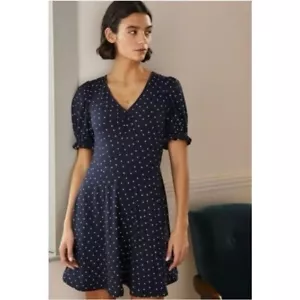 Boden Dark Navy Blue Polka Dots Kassidy Jersey Knit Puff Sleeve Dress 6 Petite - Picture 1 of 11