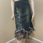 Blue Denim Gold Bead Embroidery Lace Boho Asymmetric Zip Size S(4-6) Skirt 9002