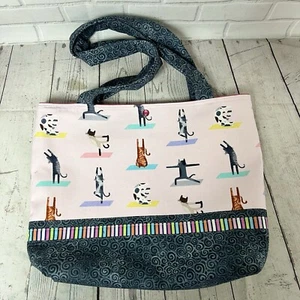 Bags By April Fabric Tote Purse Bag Cats Doing Yoga Poses Cat Stripe Print New - Picture 1 of 12