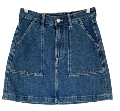 H&M &Denim Skirt Size US4/Aus 8 Blue Denim Front Oversized Pockets Front Zip - Image 1 of 3