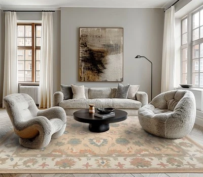 Alfombra de lana de melocotón pálido LoomBloom de varios tamaños, tejido tradicional Agra enganchado a mano Foto 1 de 4