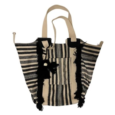 Bolso de Mano Boho Tejido a Rayas Negro Crema Flecos Borla Grande Bolso de Hombro India Foto 1 de 4