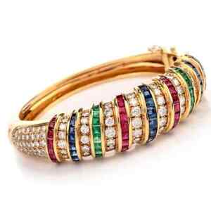 14 Karat Yellow Gold Over Diamond Sapphire Emerald Ruby Bangle 7.5" Bracelet