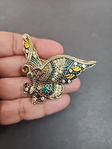 Multi Color Rhinestone Butterfly Gold Tone Brooch - Picture 1 of 8