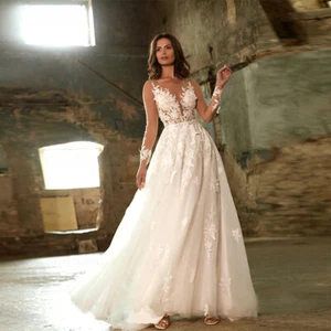 Elegant A-Line Wedding Dresses V-Neck Sleeveless Lace Applique Bridal Ball Gowns - Picture 1 of 7