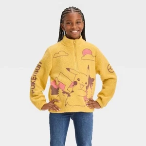 Pokemon Pikachu Girls Half Zip Gold Fleece Pullover Sweatshirt Size Medium 8 NWT - Picture 1 of 14