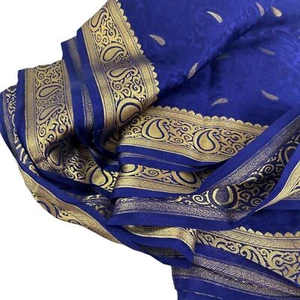 Royal Blue & Gold Pure Authentic Katan Silk Saree Dupatta 150cm x 115cm - Picture 1 of 6
