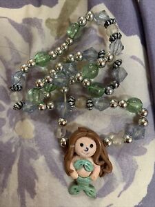 Handmade Fimo Mermaid Handmade Polymer Clay Blue Green Beads Elastic Necklace