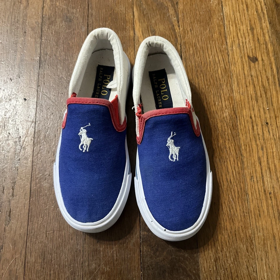 Polo Ralph Lauren Lona Zapatos Sin Cordones Tenis Blanco Rojo Azul Niños Talla 12 Foto 1 de 4
