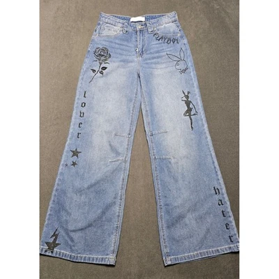 Playboy Jeans Size 7 Light Wash Wide Leg Lover Hater Rose Bunny Denim 29x31 - Image 1 of 4