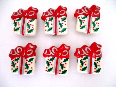 Vintage Christmas Holiday Button Covers Set of 6 Packages with Red Bow - Image 1 of 4