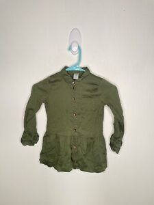 Carters Button Up Shirt Girls Size 6-6X Long Sleeve Olive Green Ruffle Hem