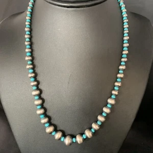 Navajo Pearls Graduated Sterling Blue Turquoise Bead Necklace 16" 96116 - Picture 1 of 12