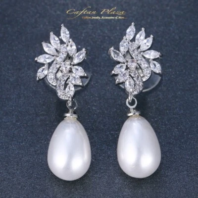 Orecchini Pendenti Lusso Orecchini Zirconi AAA+ Cristallo Perle Argento - Immagine 1 di 3