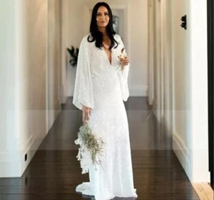 Shining Long Sheer Sleeves Luxury Wedding Dress Glitter Backless Beading gown - Picture 1 of 6