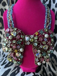 Betsey Johnson Vintage Fairyland HUGE Embellished Crystal Floral Bow Necklace - Picture 1 of 9