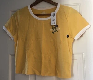 Hollister T-Shirt Small 100% Cotton Yellow - White Trim Ultra Crop Short Sleeves - Picture 1 of 7
