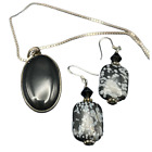 Black Stone Pendant 19" Necklace Snowflake Obsidian Earrings 925 Box Chain Wires
