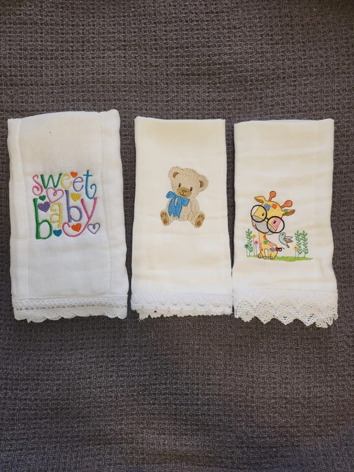 Embroided Baby Burp Cloth with Lace Trim - Image 1 of 4