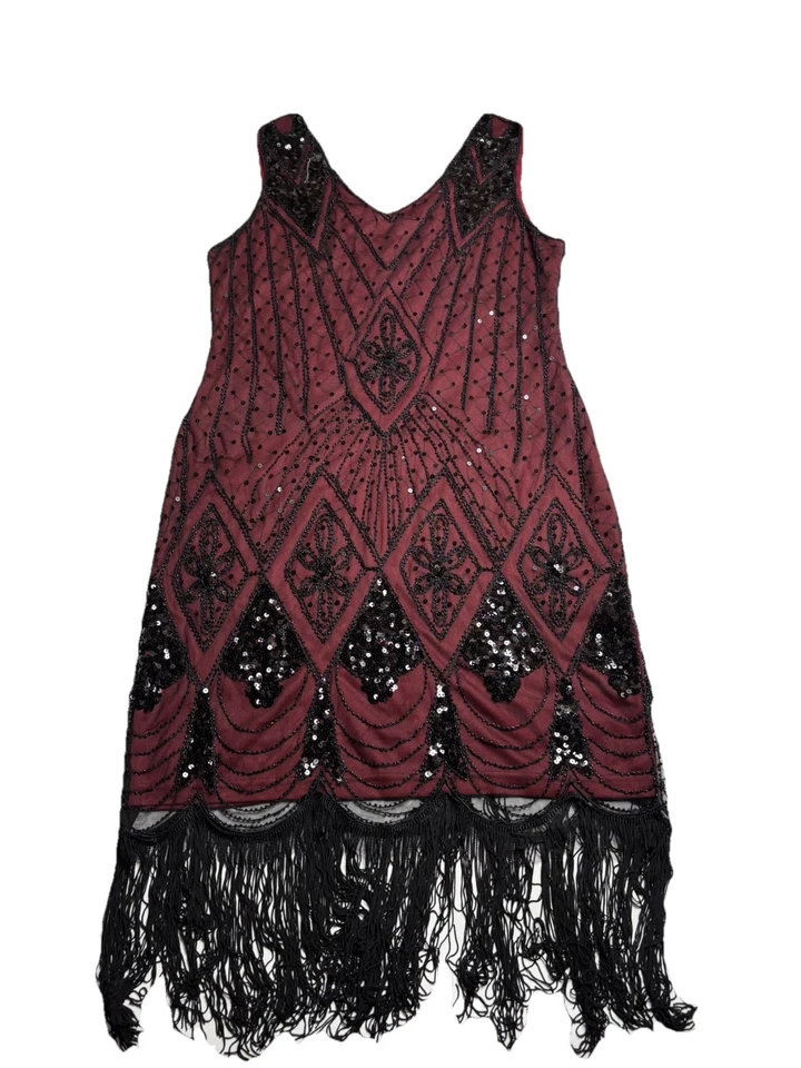 Women's Size XL Black Red Beaded Sequin Fringe Flapper Dress Classy 90s Vibe - Image 1 of 4