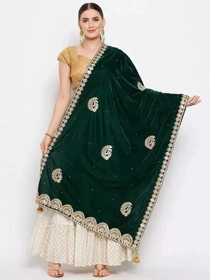 Woman's Velvet Scarf Embroidered Green & Gold Gotta Patti Dupatta/Chunni - Image 1 of 4