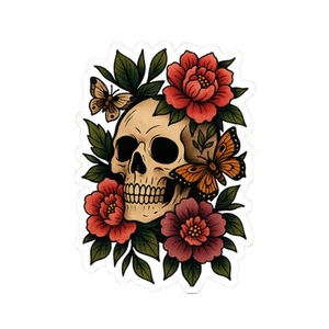 Cool Gothic Skull Sticker, Neo Traditional Tattoo Sticker, Floral Skull Design - Picture 1 of 10