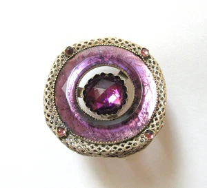Antique Hatpin Large Amethyst Glass Ring Brass Mesh - Picture 1 of 8
