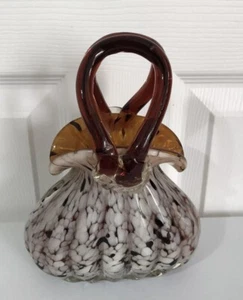 Borsetta borsetta vintage arte vetro soffiato a mano stile Murano decoro bianco e marrone - Foto 1 di 11