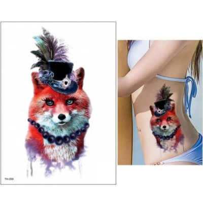 JUSTFOX Tatuaggio temporaneo volpe rossa volpe con cappello design tatuaggio adesivo disegno corpo