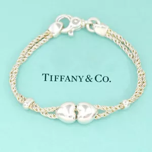 Tiffany & Co. Bracciale Doppia Corda Cuore 7,3" Argento 925 Autentico con Scatola s1121-4 - Foto 1 di 5