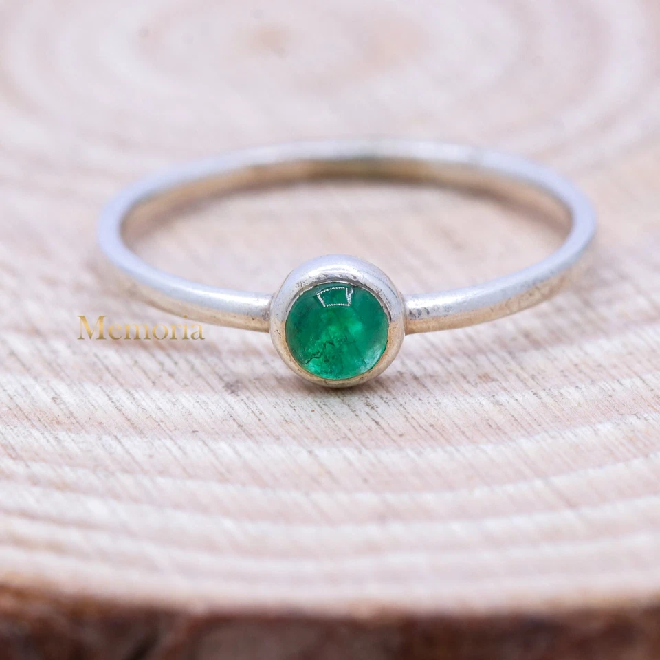 Anello Minimalista Dainty In Argento Sterling 925 Con Smeraldo Naturale Taglia 6 - Immagine 1 di 1