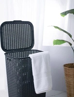 Plastic Wicker Laundry Hamper with Lid and Handles-Grey (60 Liter) - Image 1 of 4