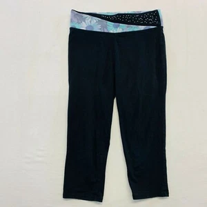 So Girls Cropped Leggings Size 14 Black Floral Beaded Waist Cotton Blend - Picture 1 of 3