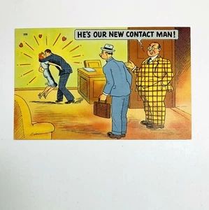 Vintage 1940s Funny Cartoon Linen Postcard - He's Our New Contact Man  - Picture 1 of 2
