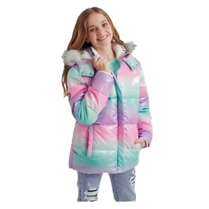 Justice Girl Puffer Jacket Kids Girls Pink Blue Faux Fur Lined Hoodie, Size L - Picture 1 of 8
