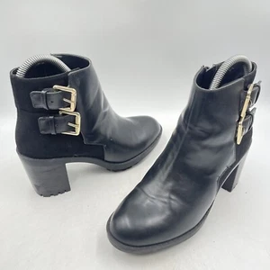 ZARA SCHWARZE LEDER STIEFELETTEN HOHER ABSATZ GOLDENE SCHNALLE REISSVERSCHLUSS SEITLICH 3” Gr. UK 3 - Bild 1 von 10