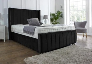 OTTOMAN BED FRAME NEW PANEL WING PLUSH VELVET UPHOLSTERED DOUBLE & KING SIZE - Picture 1 of 12