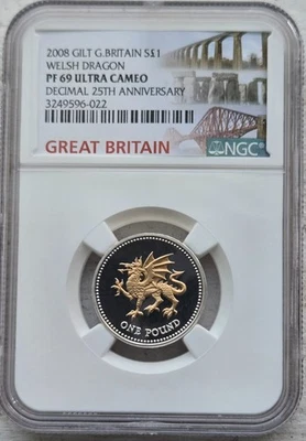 2008 Great Britain Gilt Decimal 25th Anniv. Silver Welsh Dragon PF69UltraCam - Image 1 of 2