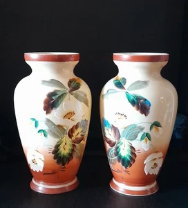 Pair of Antique Bristol Milk Glass Hand Painted Floral 10" Vases - Picture 1 of 7