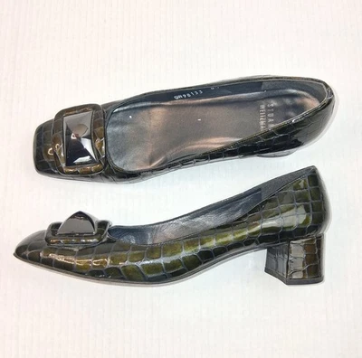 Stuart Weitzman Green Patent Leather Croc Embossed Square Toe Pump Heels  8.5N - Image 1 of 4