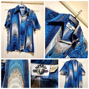 VINTAGE Spirit of California Shirt Mens Medium Blue Abstract Disco Button Up 70s - Picture 1 of 21