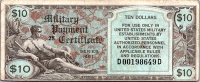 Series 481 $10 (Military Payment Certificate) 1st Printing VF Pick S837-1 - Image 1 of 4