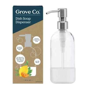 Grove Glass Hand & Dish Soap Dispenser Bottle w/ Brshd Stainless Steel Pump 16oz - Picture 1 of 3