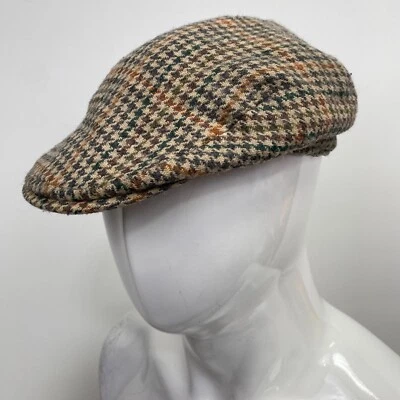 VINTAGE Tweed Wool Flat Hat S 56cm Check Mod Brown Houndstooth Golf - Image 1 of 4