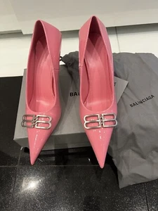 BALENCIAGA Pumps Knife BB Logo Pointed Toe Heels Pink Patent Shoes 36.5 IT/6.5 - Picture 1 of 7